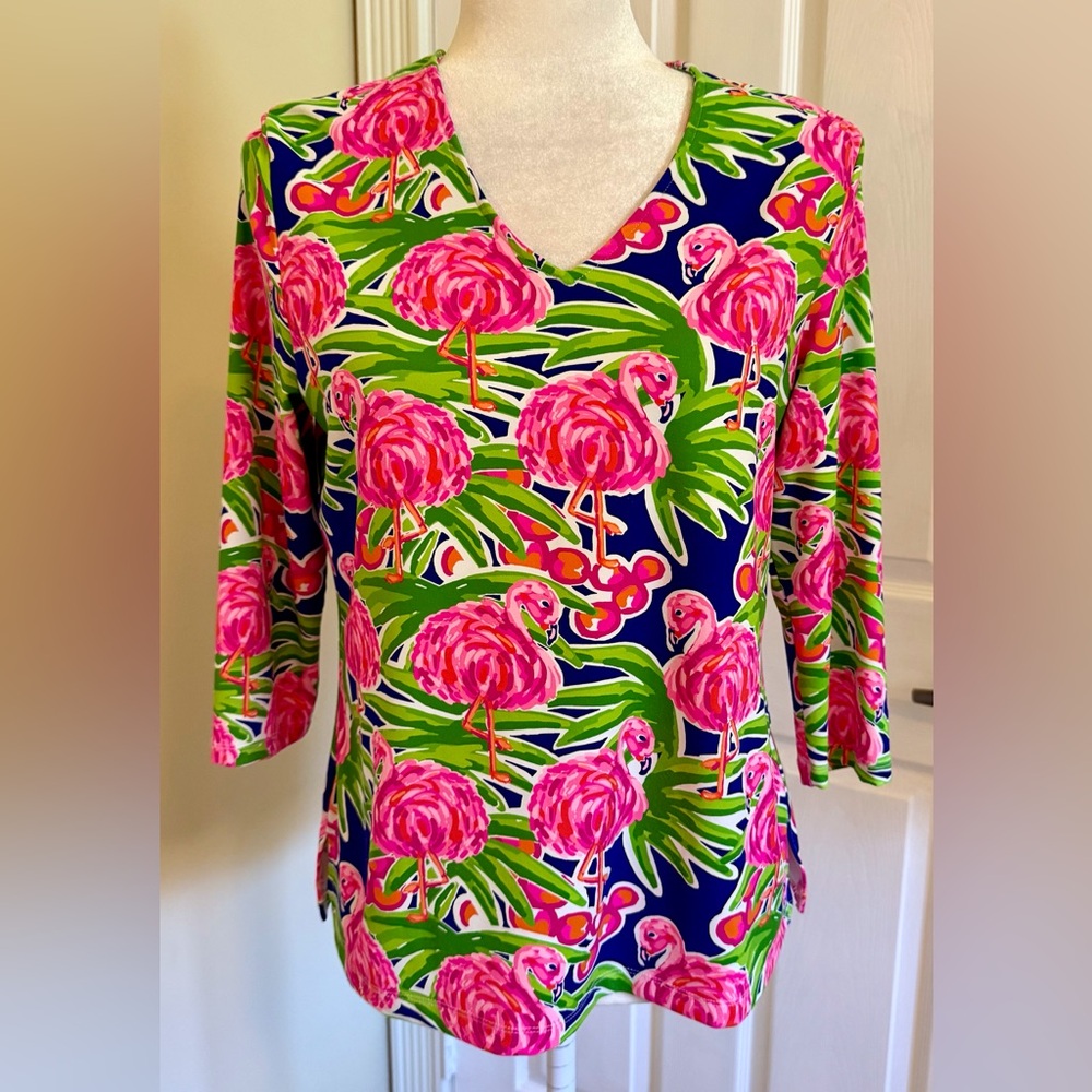 Jean-Pierre Klifa 3/4 Sleeve Blouse with bright flamingo design, like new!